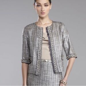 St. John Couture Tweed Knit Fringe Gold Chain Blazer Jacket